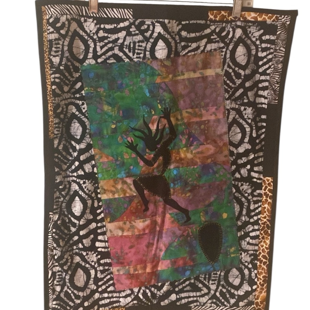 African Dancer Colorful Batik Embroidered Quilt Wall Hanging Handcrafted